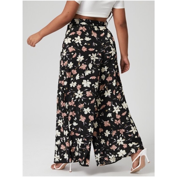 Plus Boho Black Floral Print Palazzo Lounge Wide Leg Pants - Picture 3 of 4